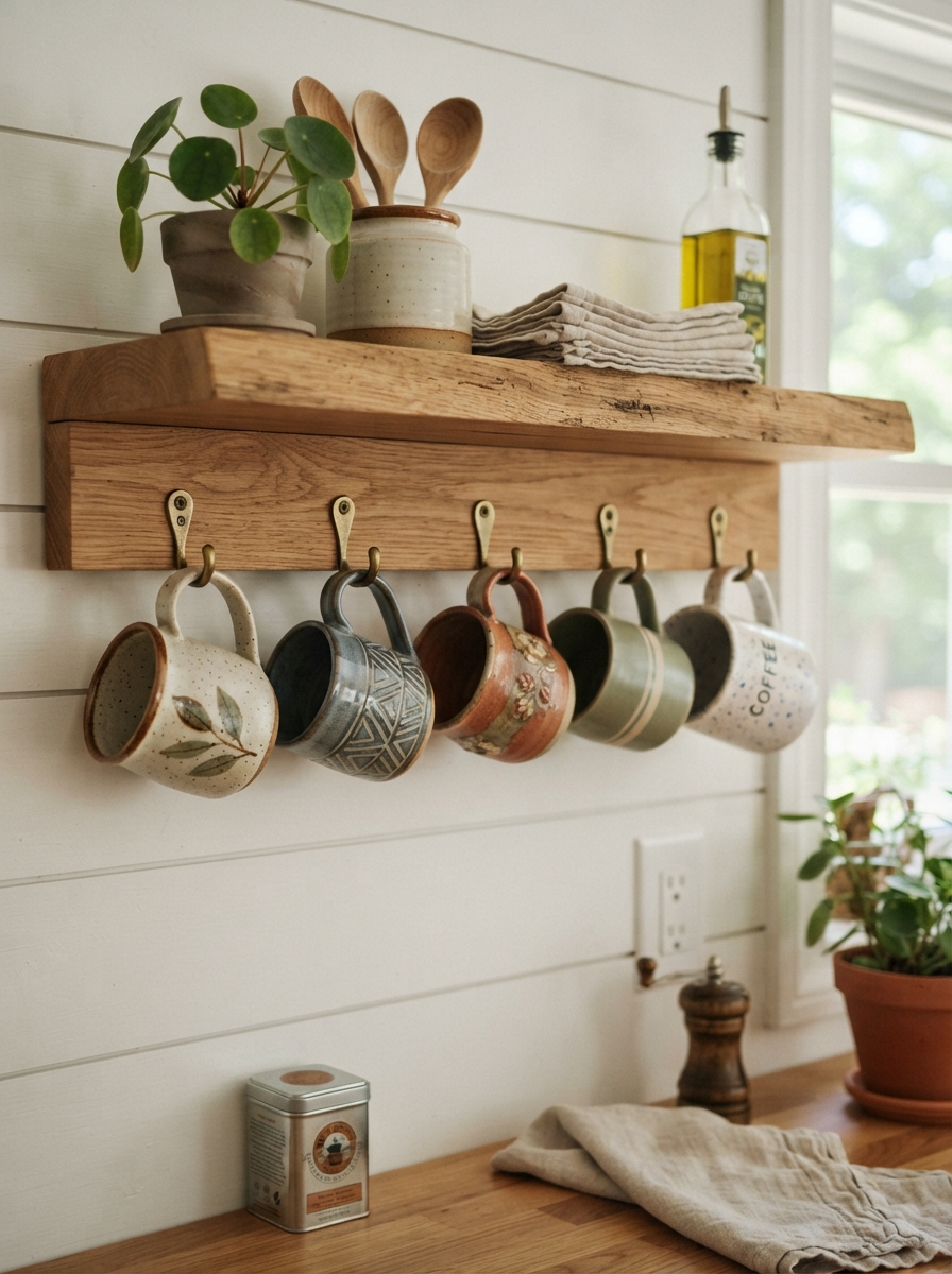 Five ceramic mugs hanging hooks