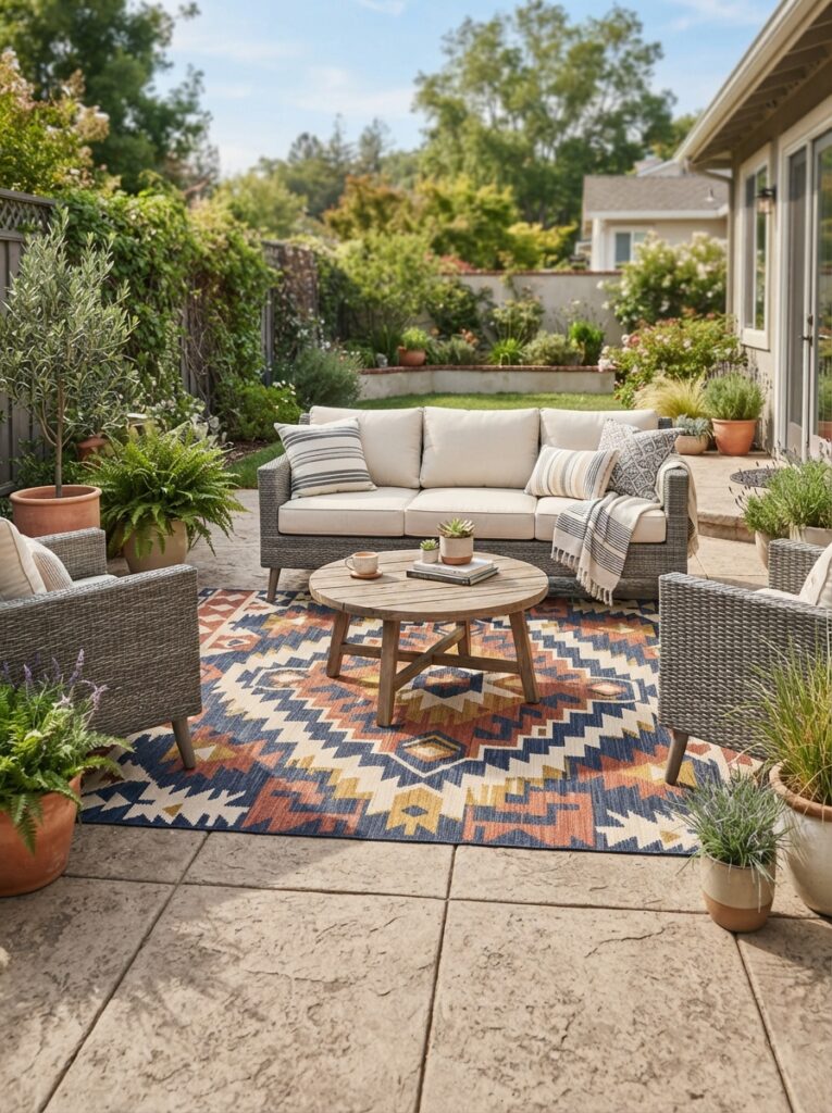 flatweave outdoor rug in a bold geometric pattern anchoring a patio seating area