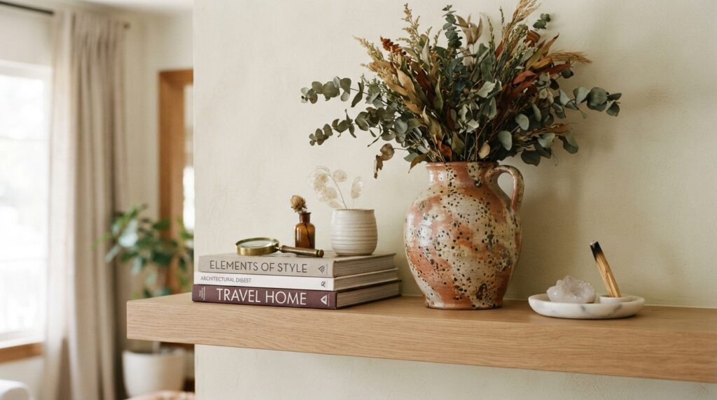 close-up of a beautifully styled floating shelf with curated objects