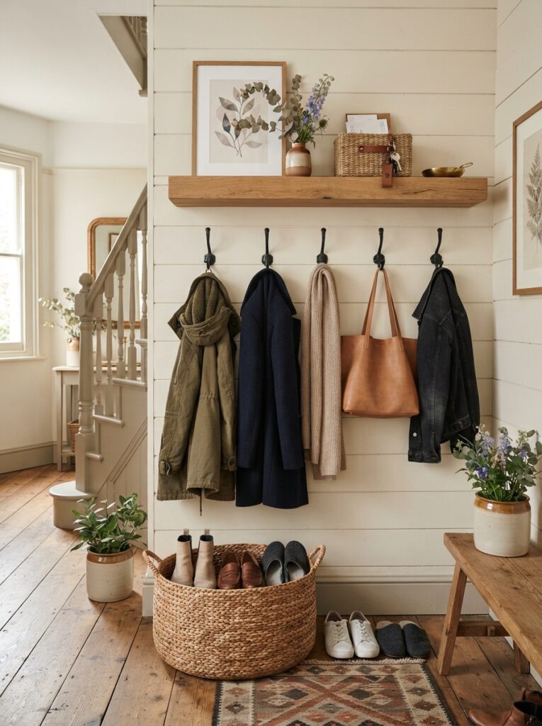 floating wall shelf with wrought-iron hooks below holding coats and a woven basket for shoes
