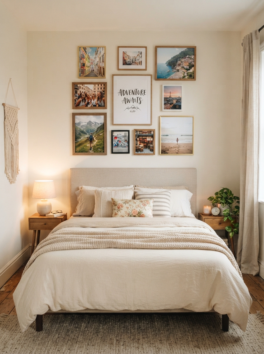 Gallery wall arrangement above a bed headboard
