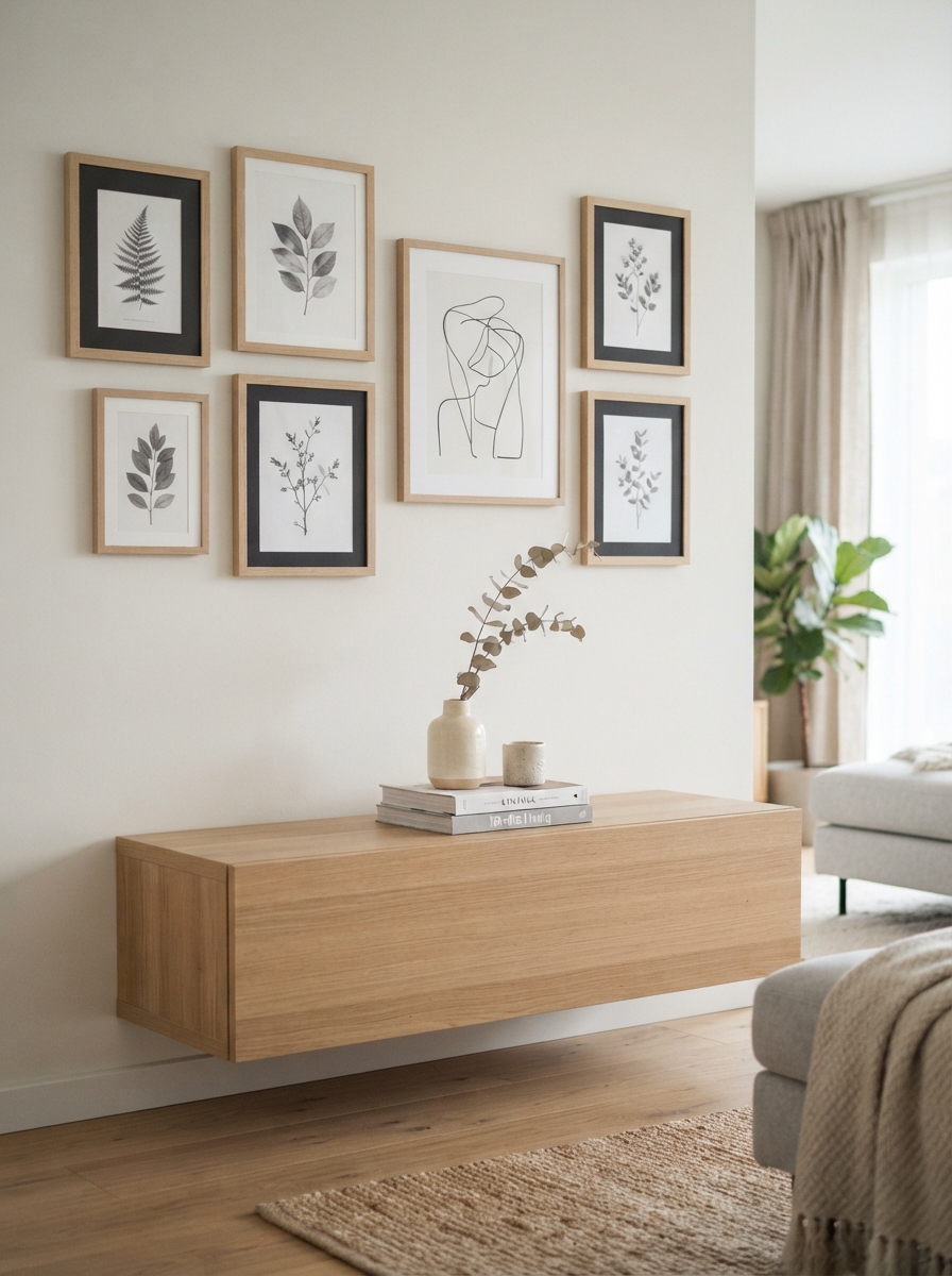 Scandinavian gallery wall with botanical prints above a console table