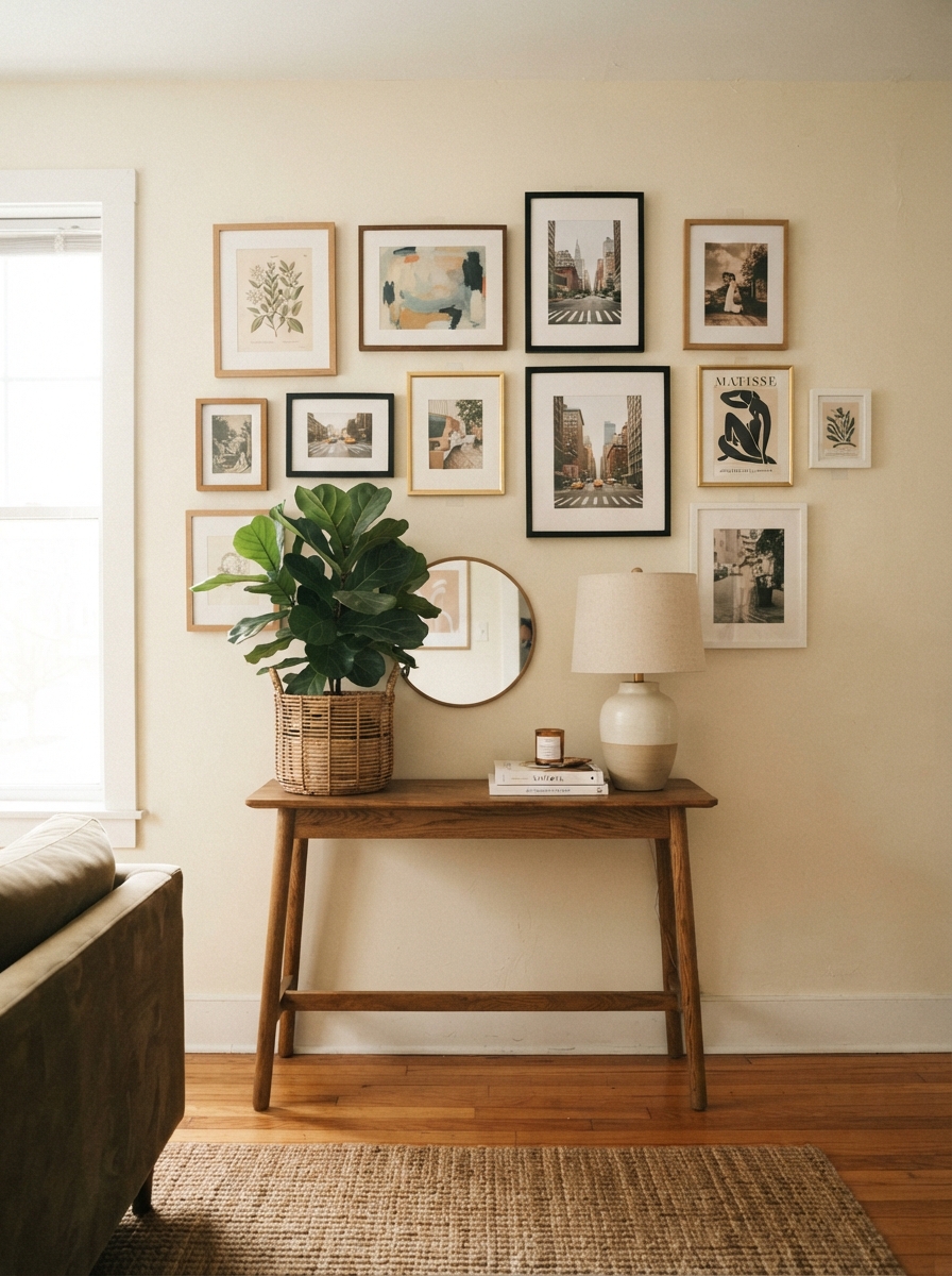 Gallery wall hung with adhesive strips above a rental console table