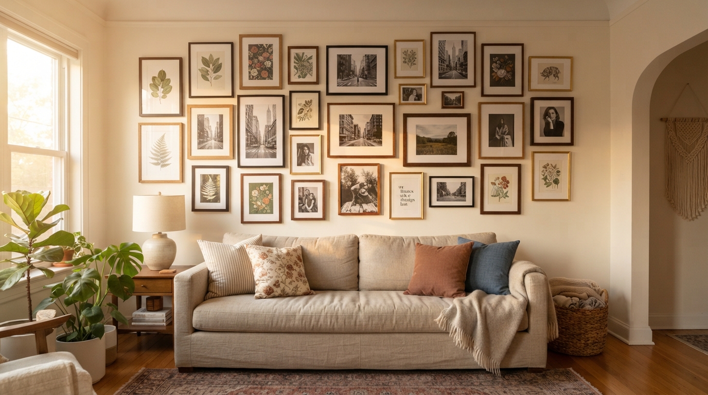 Gallery wall arranged above a sofa, wide shot