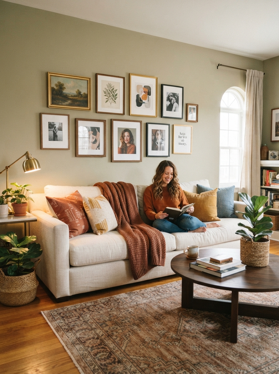 Gallery wall arranged above a living room sofa