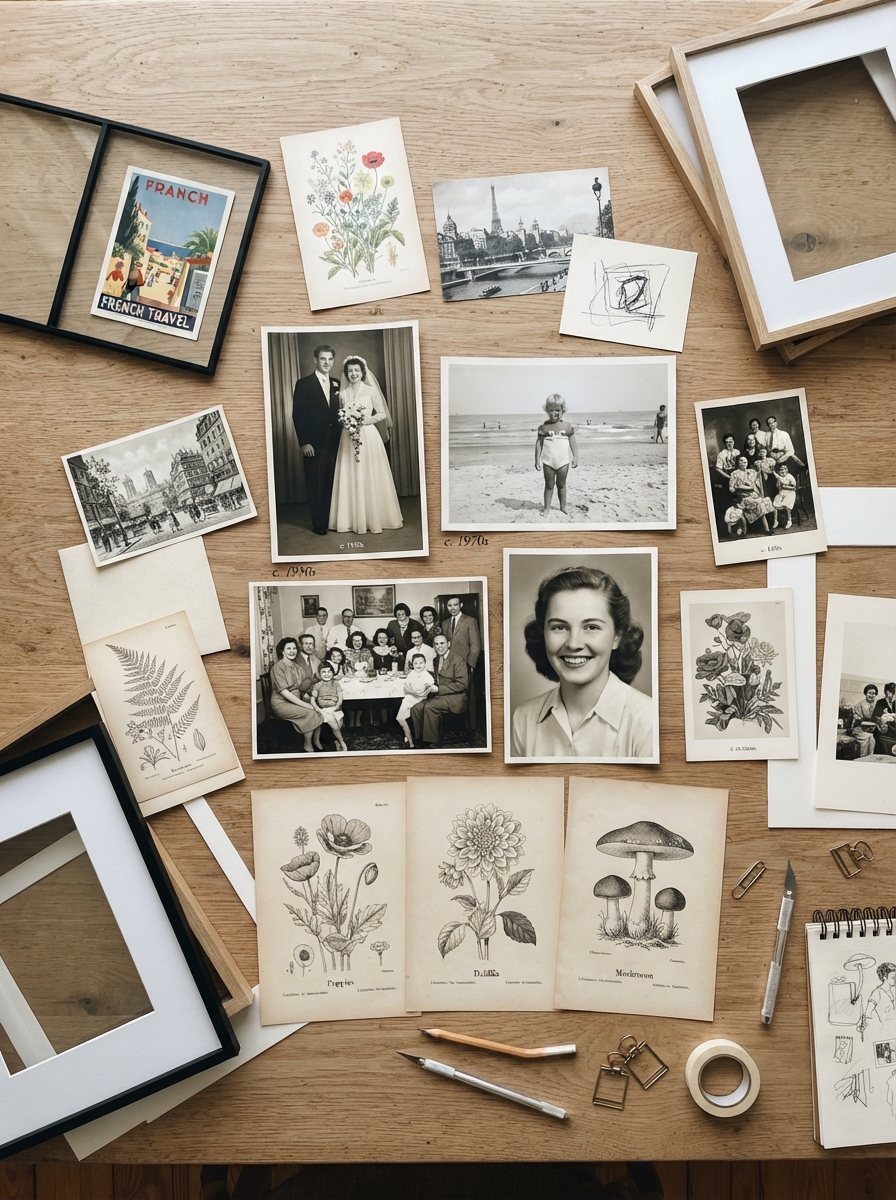 Flatlay of gallery wall art sourced from postcards, prints, and photos