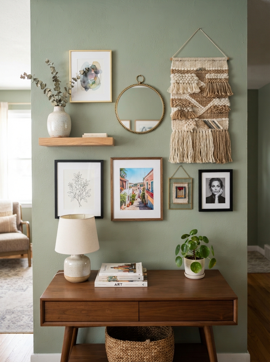 Gallery wall mixing framed prints with mirrors and textiles
