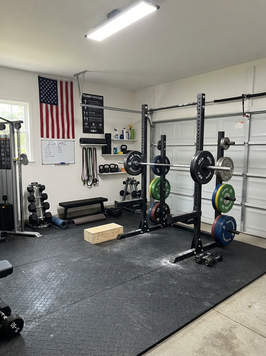Garage gym with a squat rack and weight plates