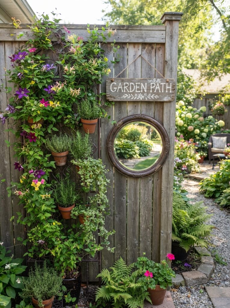 vertical garden trellis with climbing vines mounted on a fence with decorative wall decor