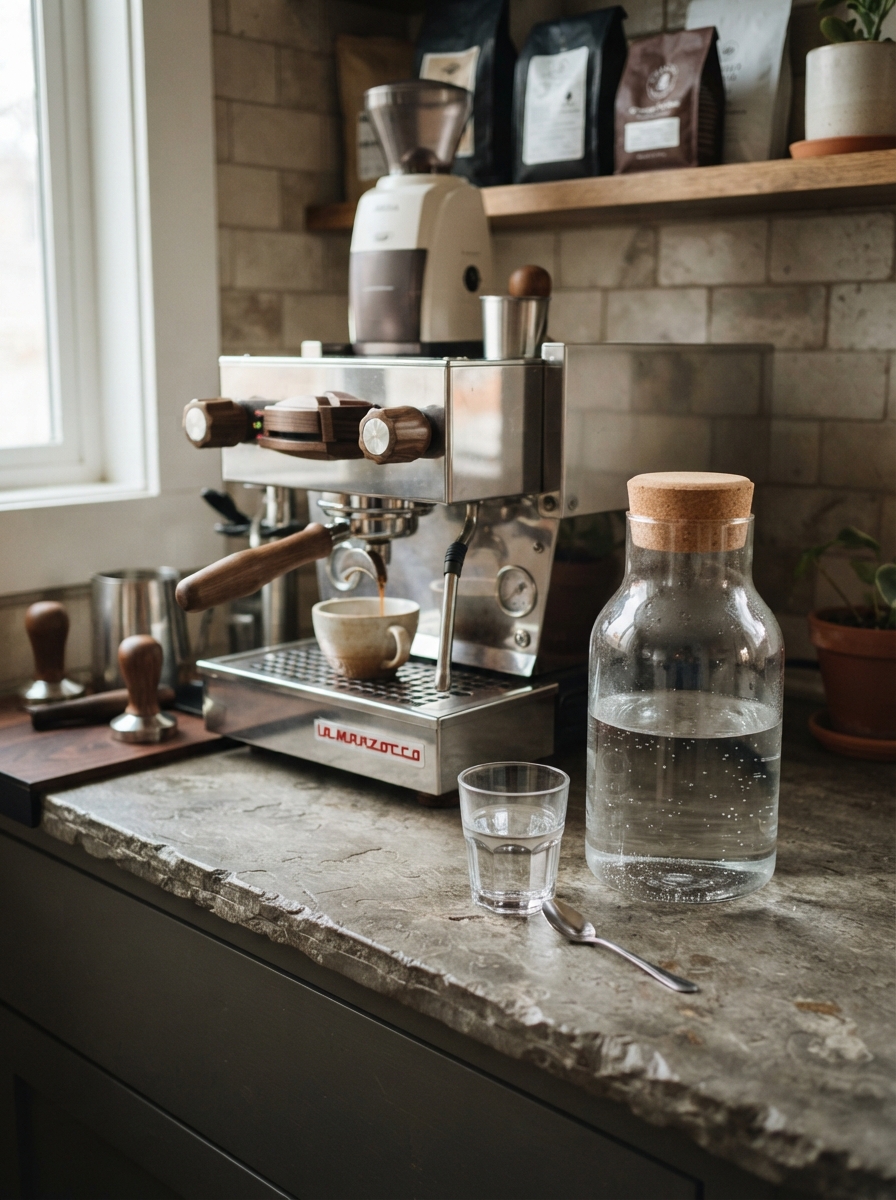 Glass carafe beside an espresso machine