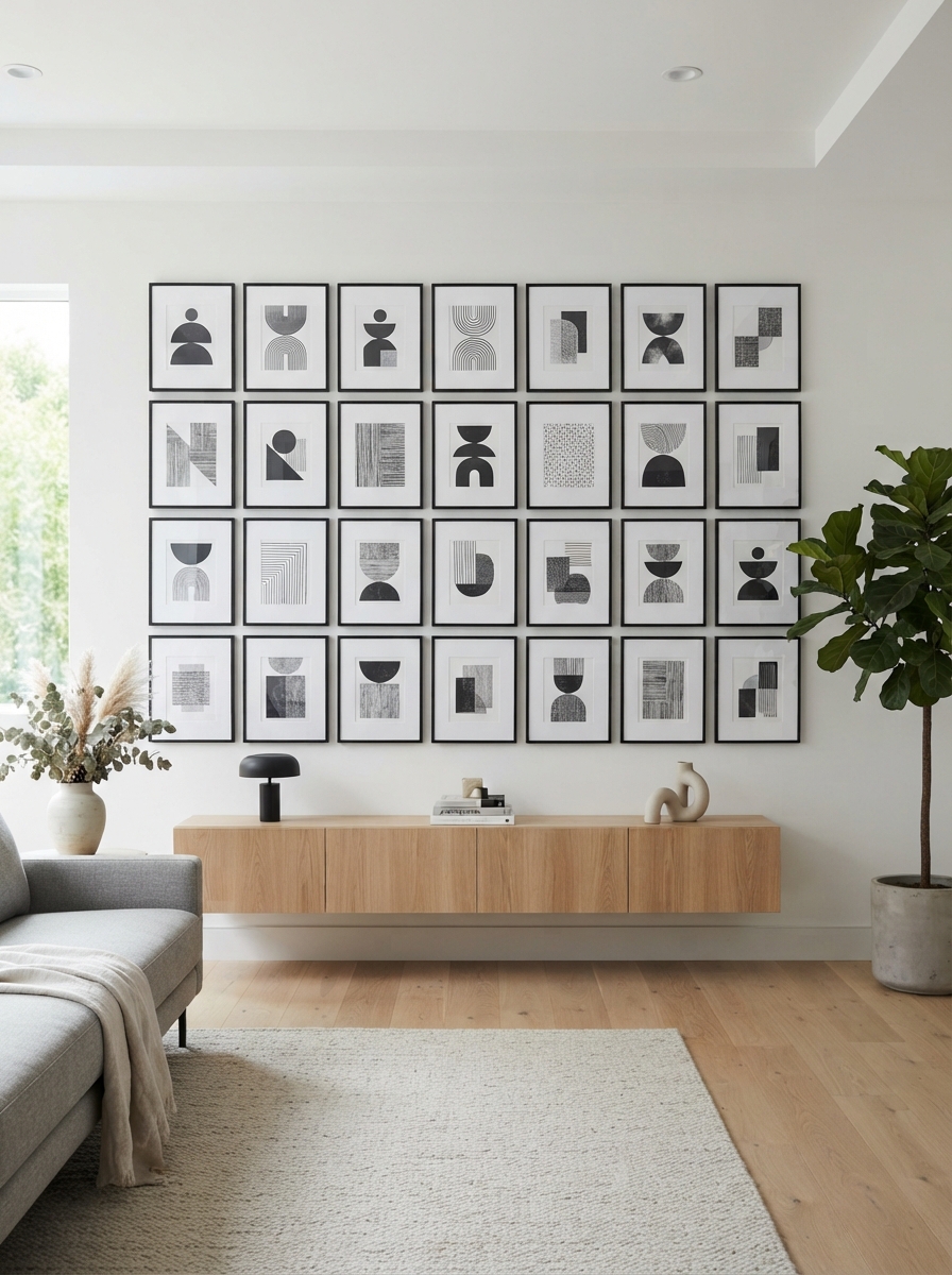 Grid-style gallery wall in a modern living room