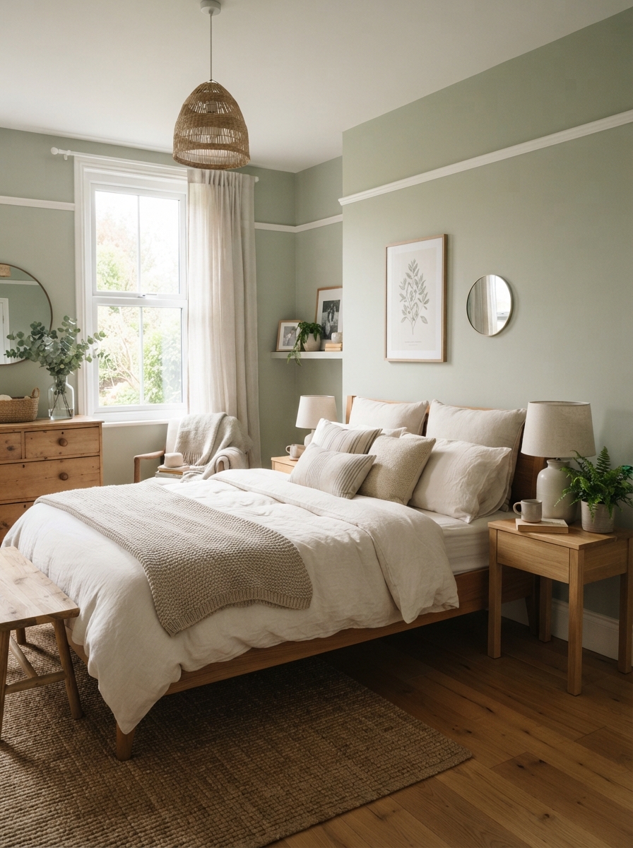 Guest bedroom with soft sage walls