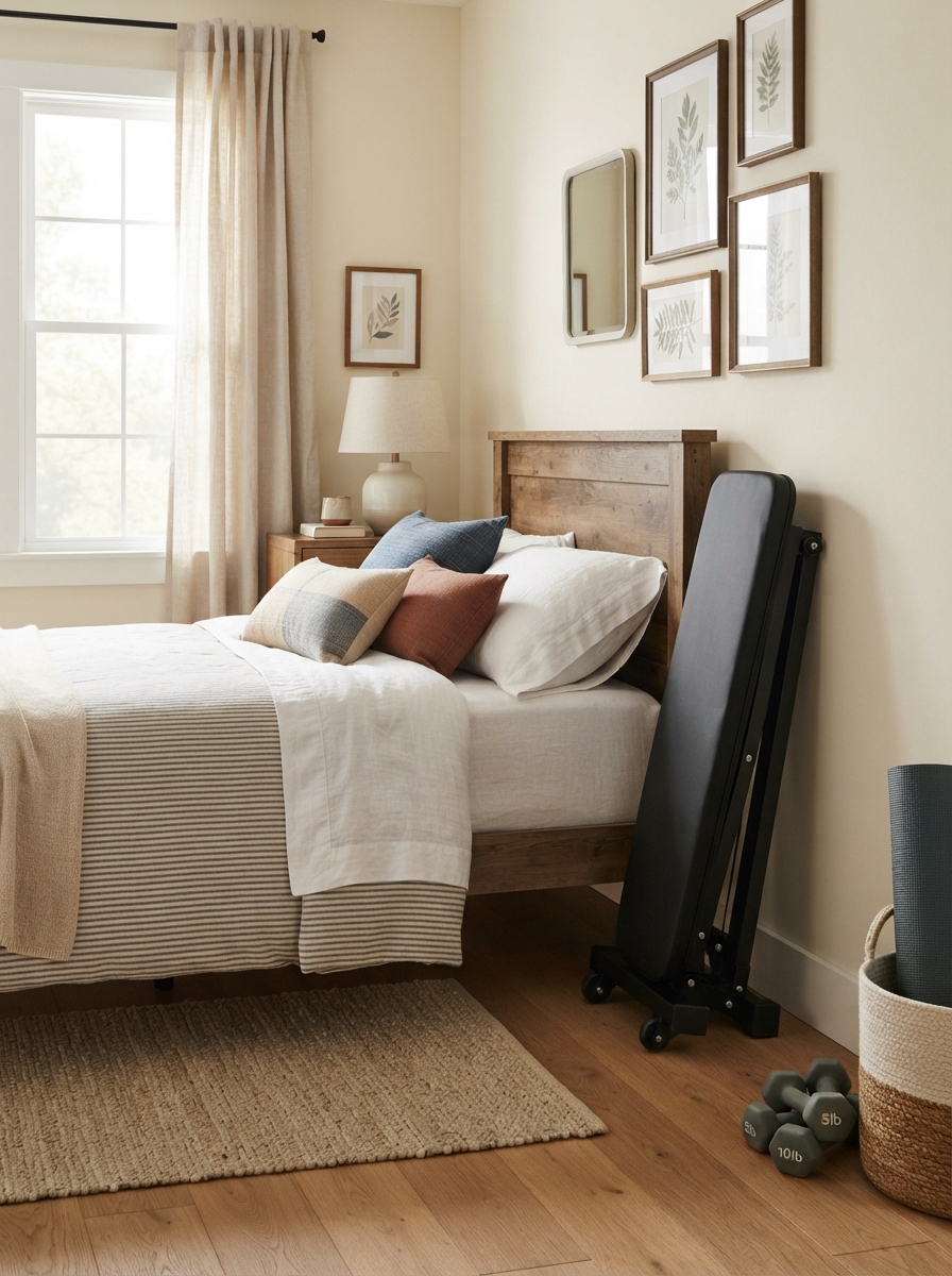 Guest bedroom doubling as a home gym with a workout bench