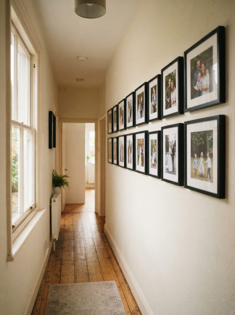 narrow hallway lined with matching black-framed family photos in a clean horizontal row