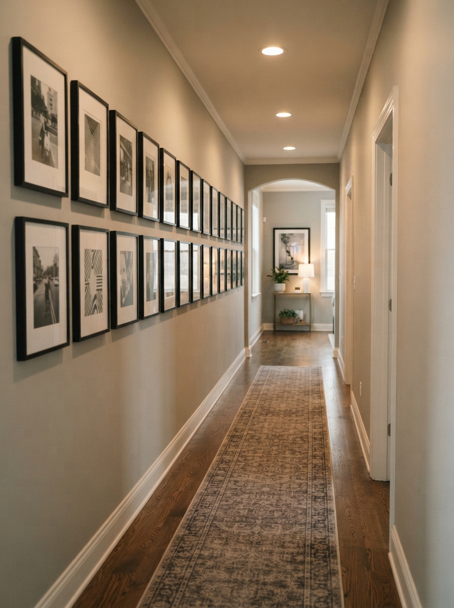 Hallway styled with a row of evenly spaced frames