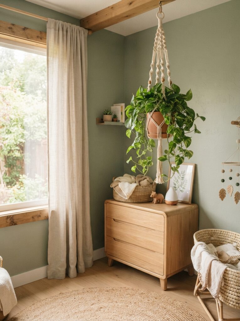 Hanging macrame planter with pothos in nursery