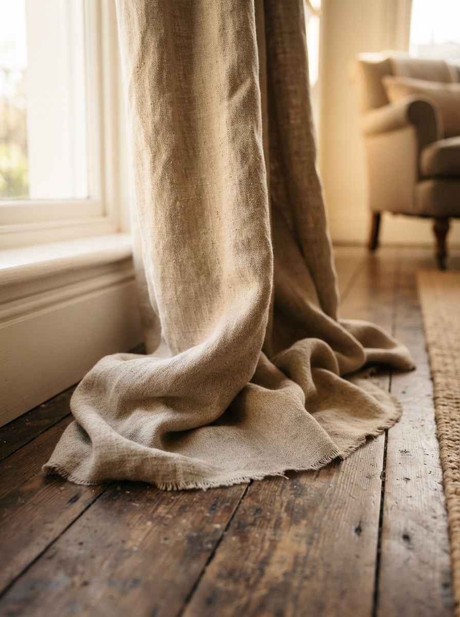 Heavy linen curtain fabric pooling at the floor