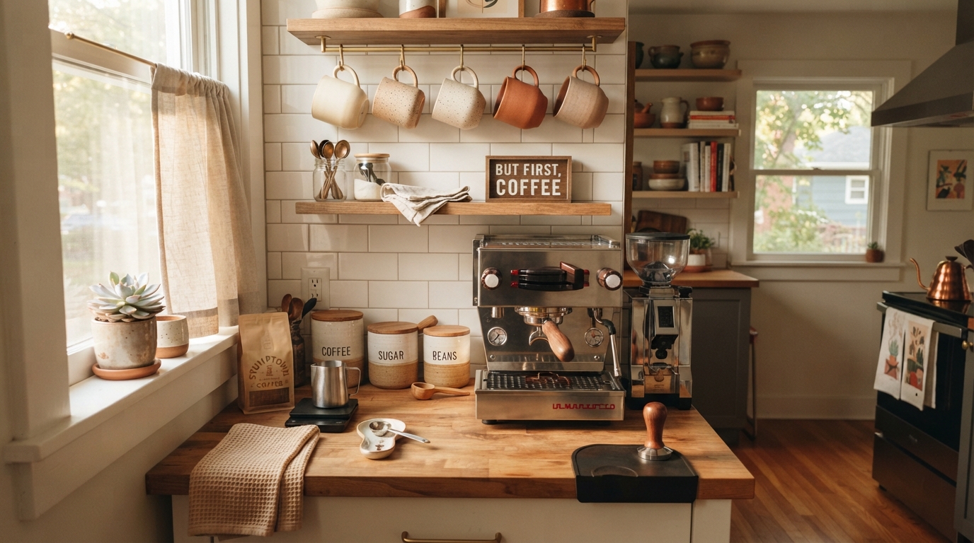 Cozy coffee corner decor with mugs on hooks, canisters and an espresso machine