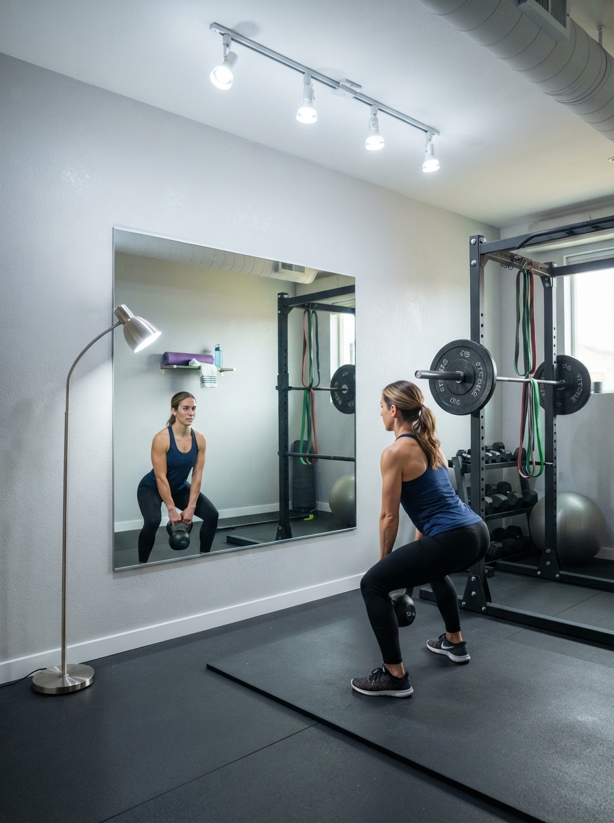 Home gym with bright, layered lighting