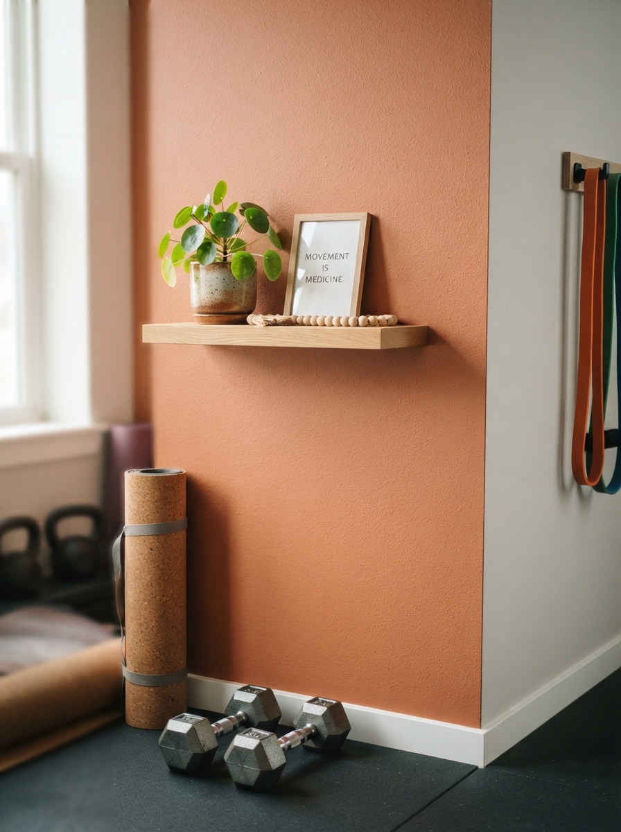 Home gym with a terracotta accent wall