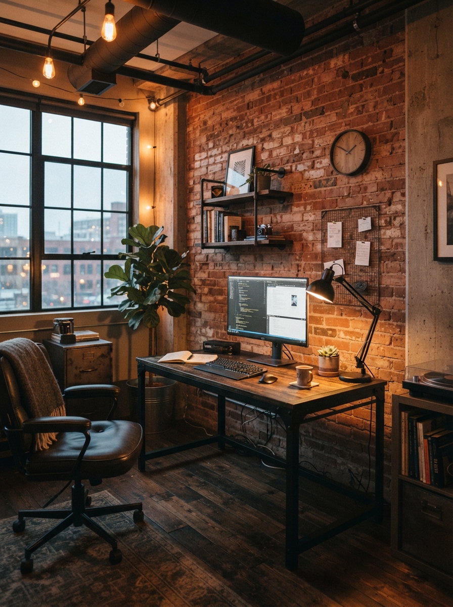Home office brick wall desk