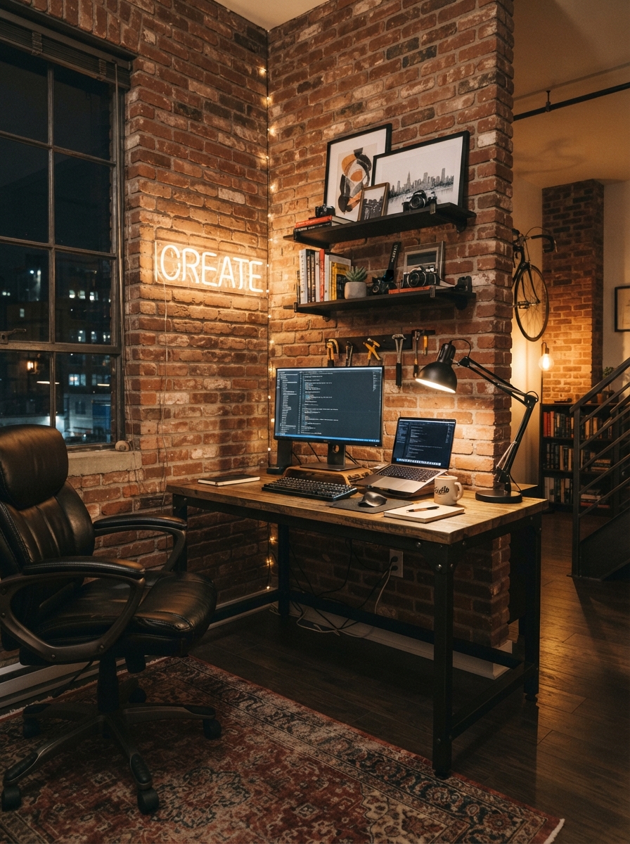 Home office brick wall desk