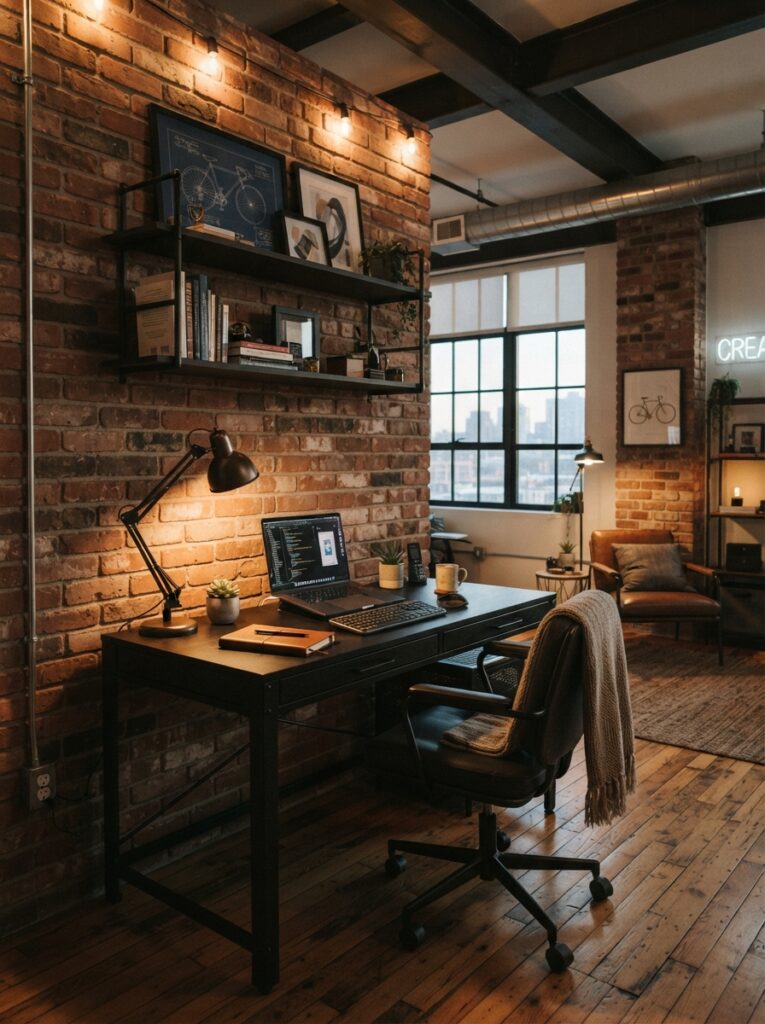 Home office with a brick veneer accent wall behind the desk