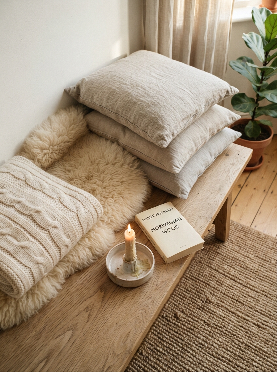 Hygge styled corner with chunky knit blanket, sheepskin, and candle