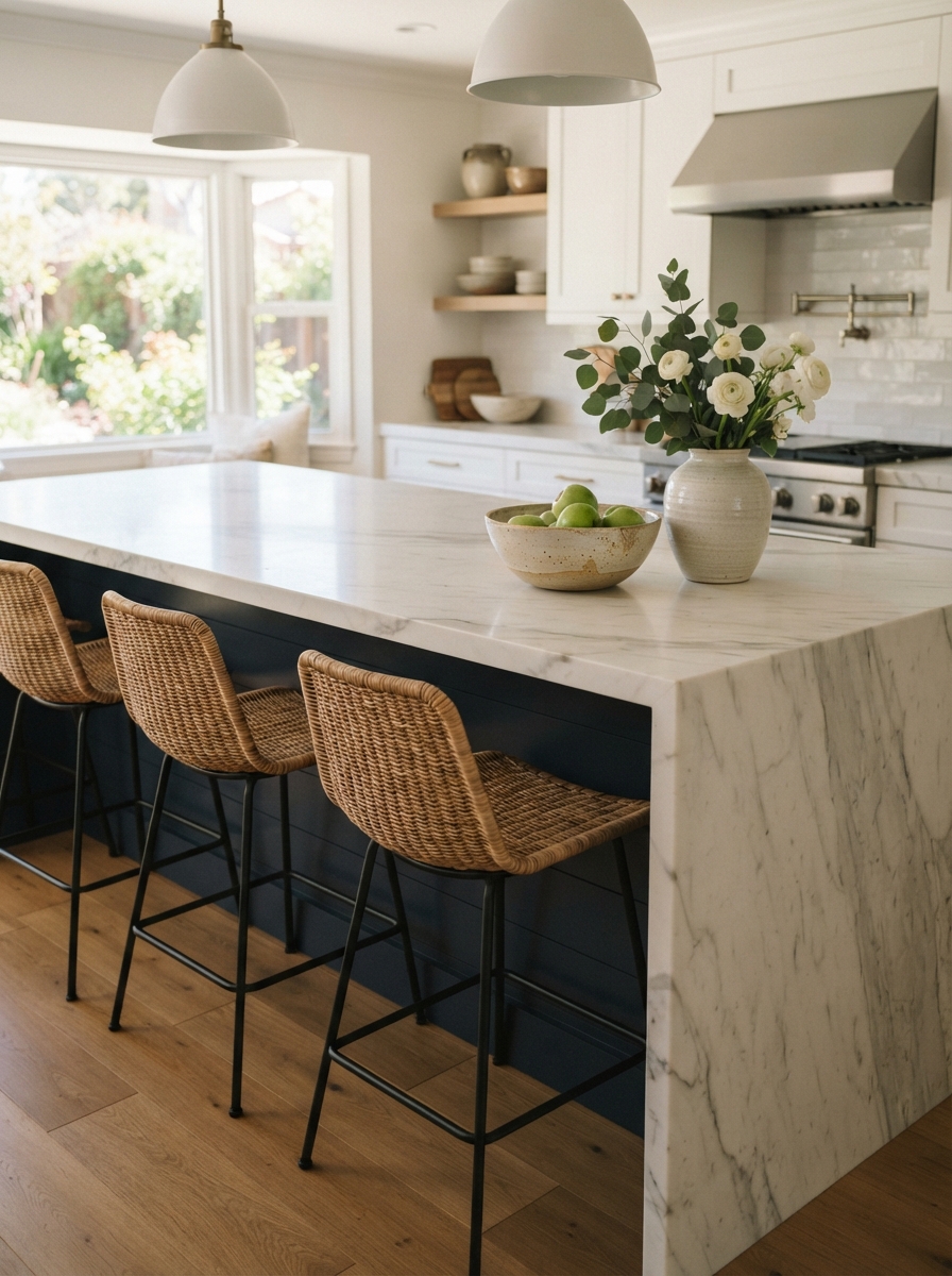 Island with seating and vase