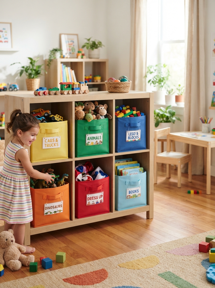 Kid-height open storage with bins