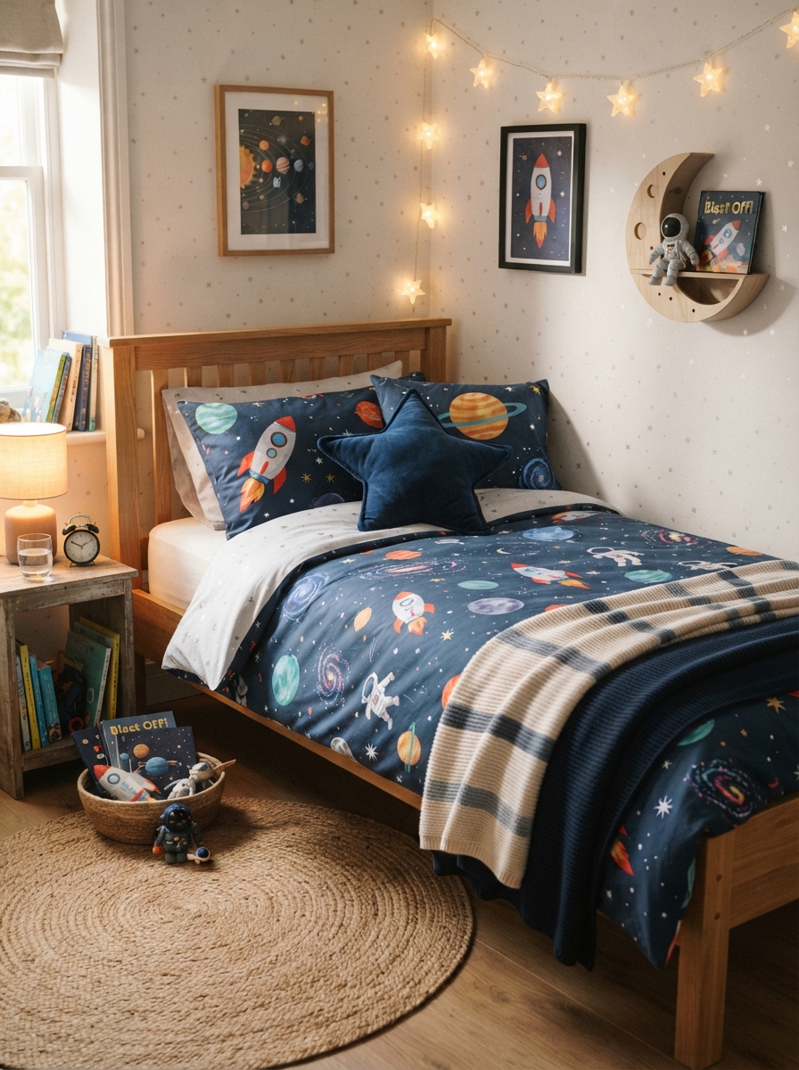 Kids bed styled with space theme