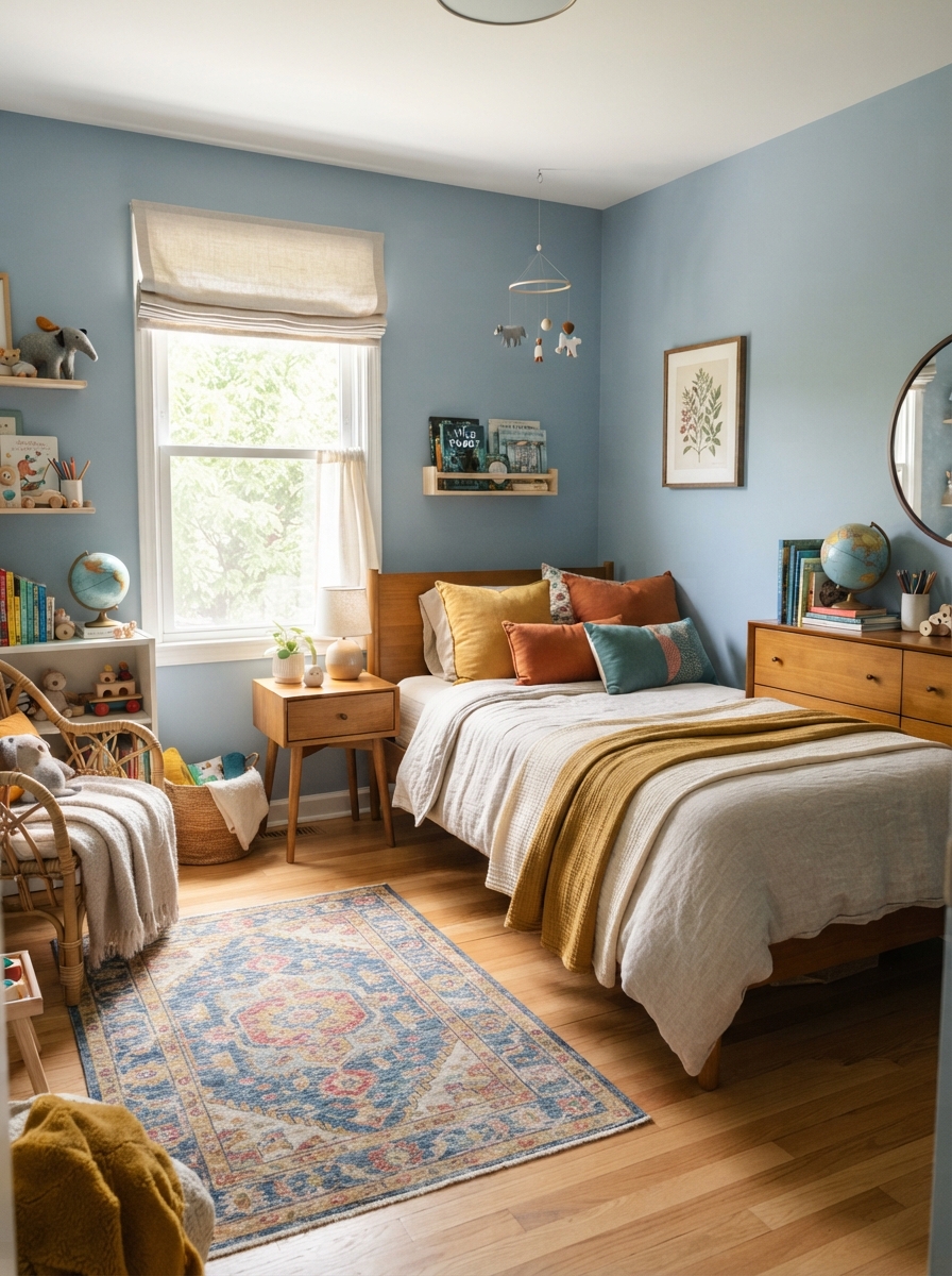 Kids bedroom with dusty blue palette