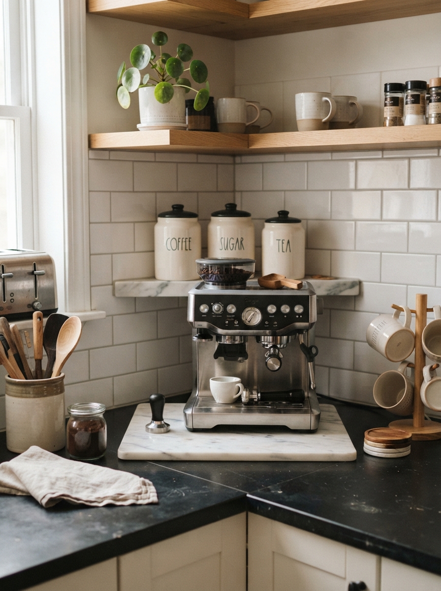 Kitchen counter coffee machine and canisters