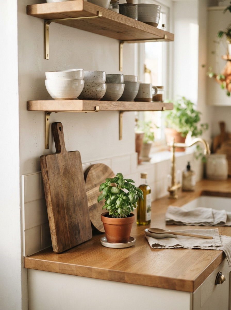 Scandinavian kitchen counter with open wood shelving and ceramic bowls
