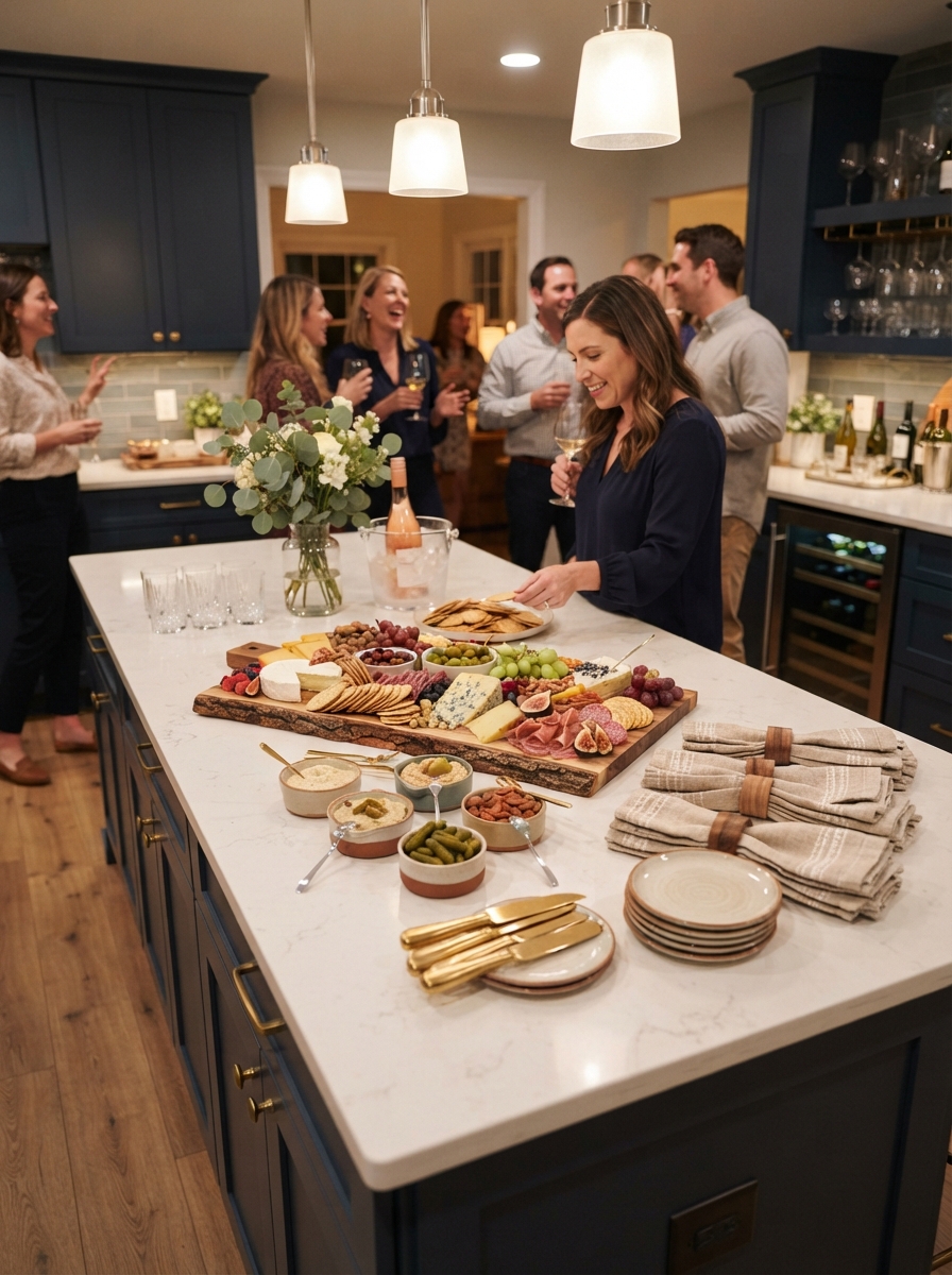 Kitchen island set up as a serving station