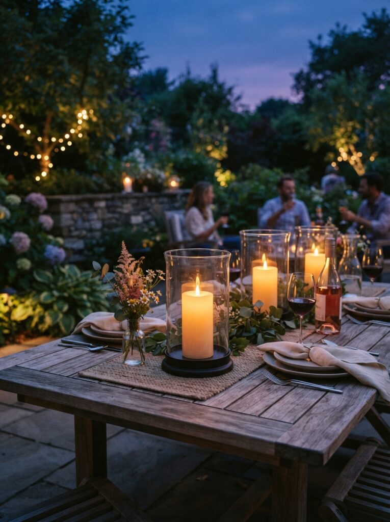 battery-operated LED candles inside glass hurricane lanterns glowing on an outdoor table at twilight