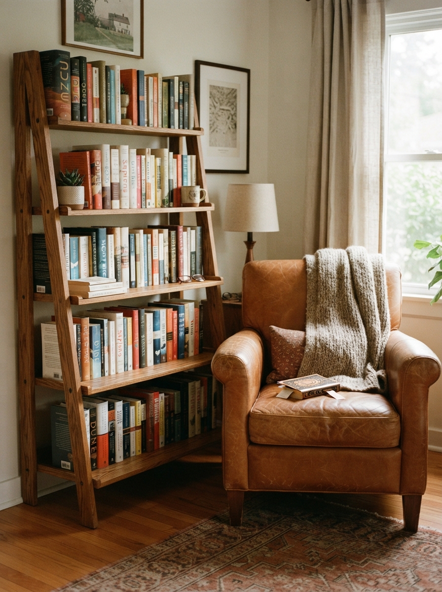 Ladder shelf with books