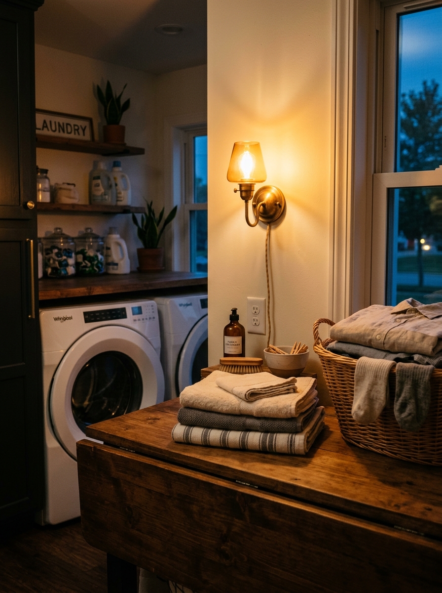 Laundry room counter lit by wall sconce