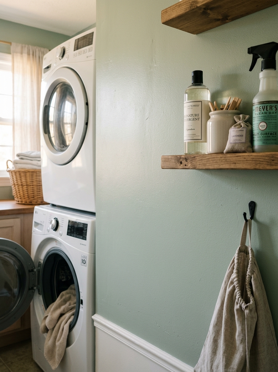 Laundry room wall painted soft sage green