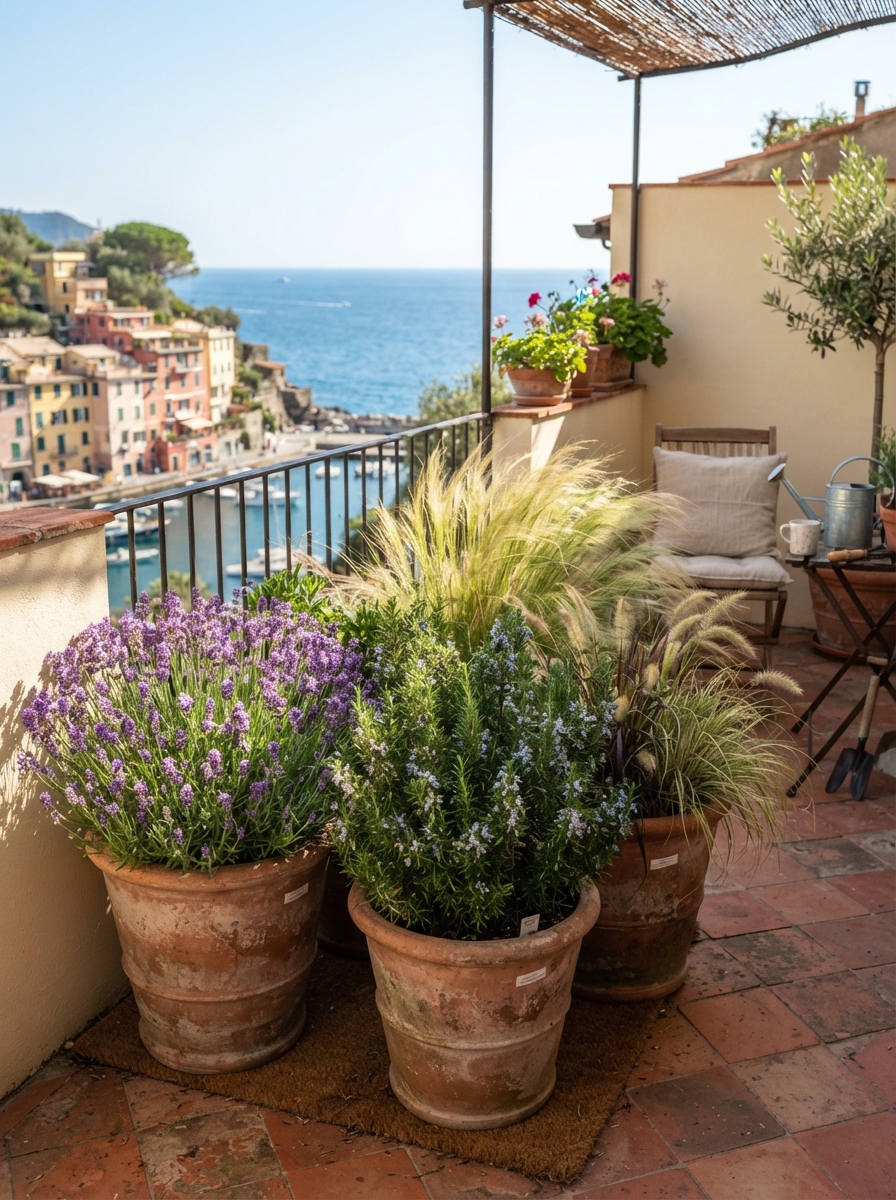 Lavender, rosemary and grasses in terracotta containers