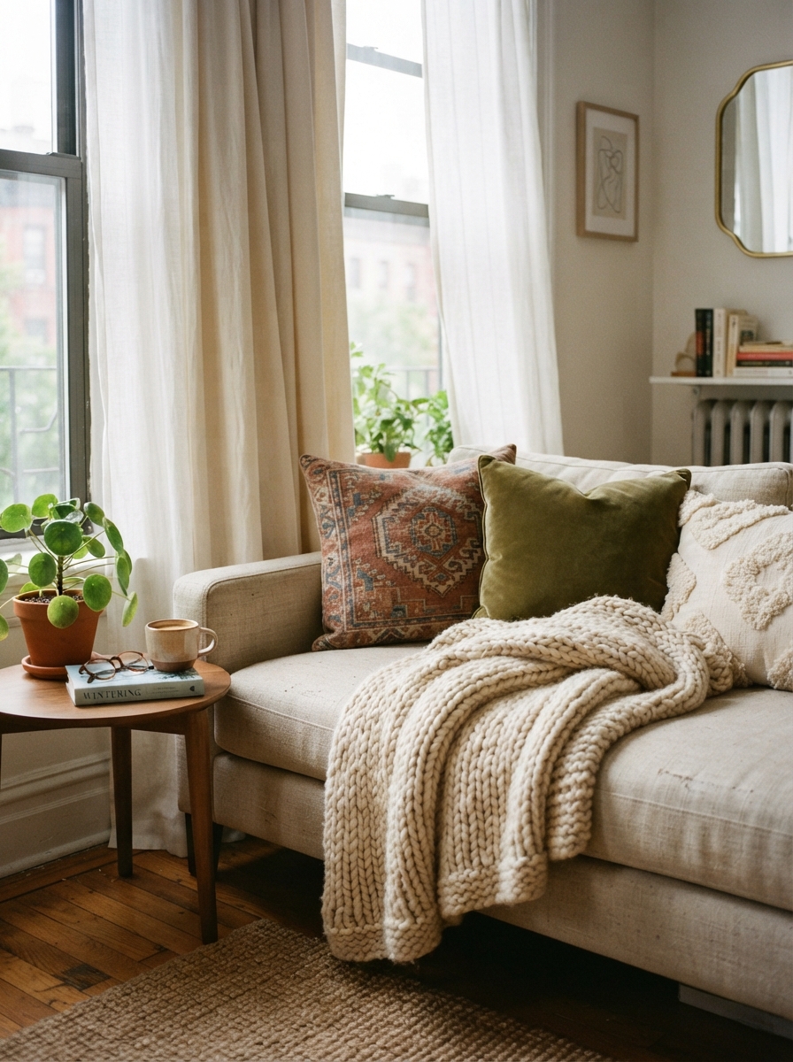 Layered curtains, throw pillows, and blanket on a rental apartment sofa