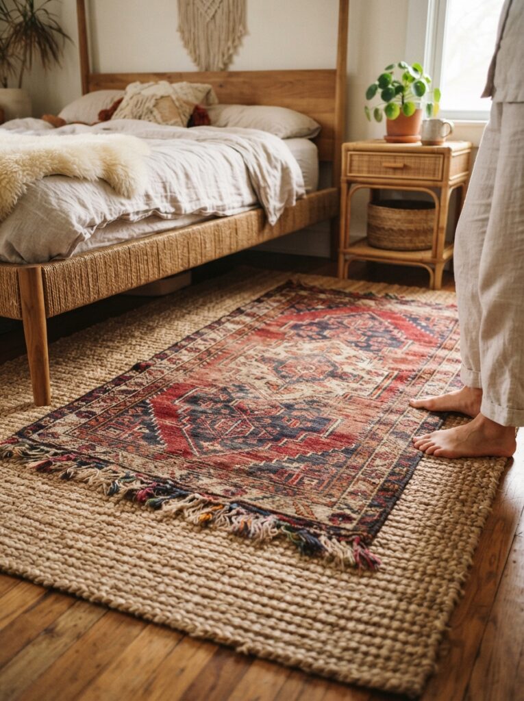 layered area rugs in a boho bedroom with a neutral jute base and a patterned vintage rug on top