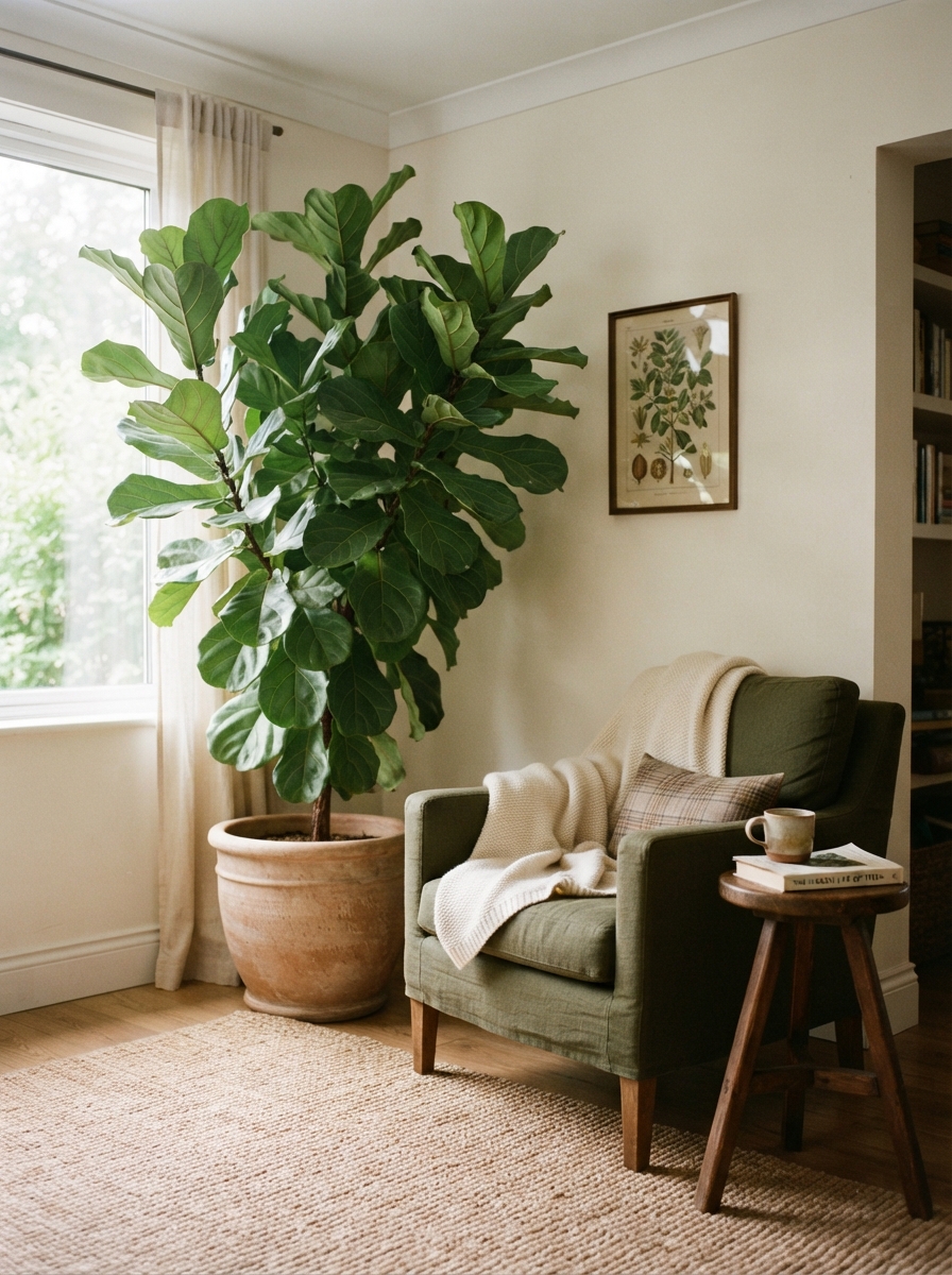 Large leafy plant filling an empty corner beside a reading chair