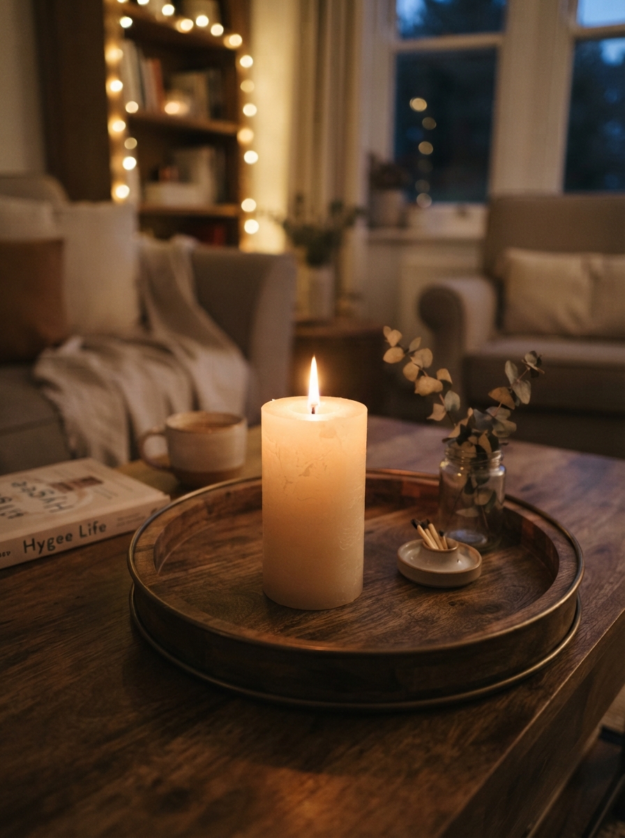 Lit pillar candle on a coffee table tray