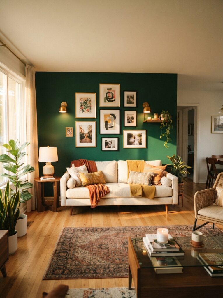 Living room with a bold accent wall behind the sofa creating a focal point