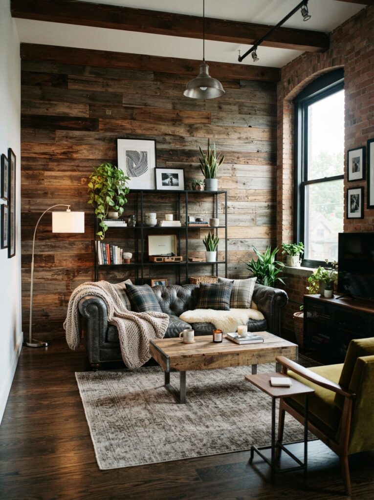 Living room accent wall clad in reclaimed wood planks with rich texture