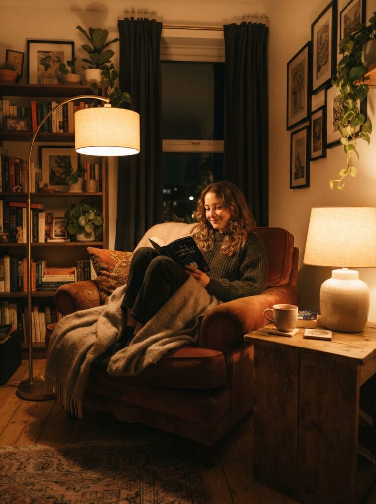 cozy living room corner at night lit only by a warm floor lamp and table lamp with no overhead light
