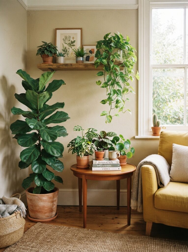 living room corner with a large fiddle-leaf fig and trailing pothos layered with smaller plants