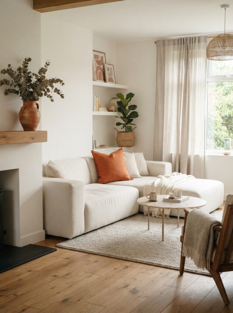 bright living room demonstrating the 60-30-10 color rule with warm white walls soft greige textiles and a terracotta accent pillow