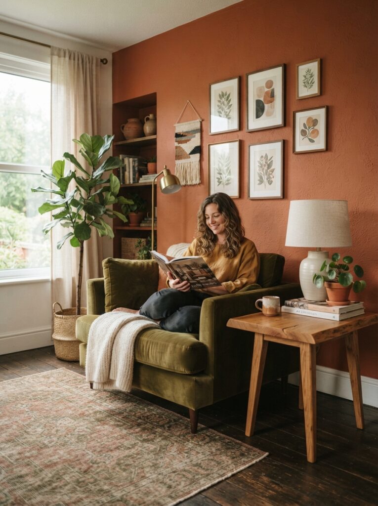 living room styled in an earthy saturated palette with a terracotta accent wall and deep olive velvet armchair